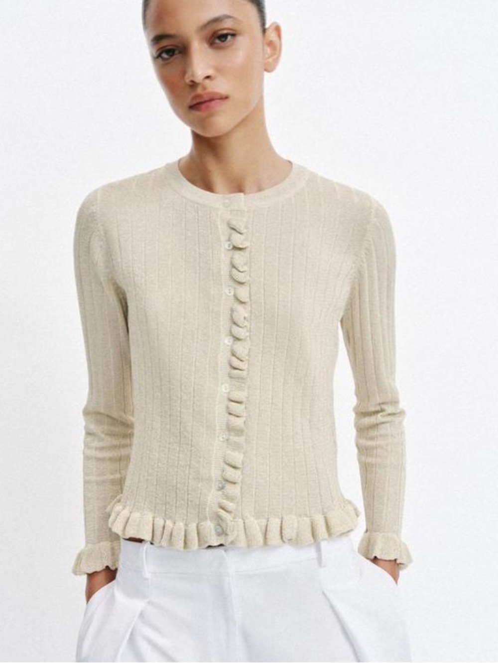 ZARA Women’s Ruffle-Trim Ribbed Cardigan - Cream